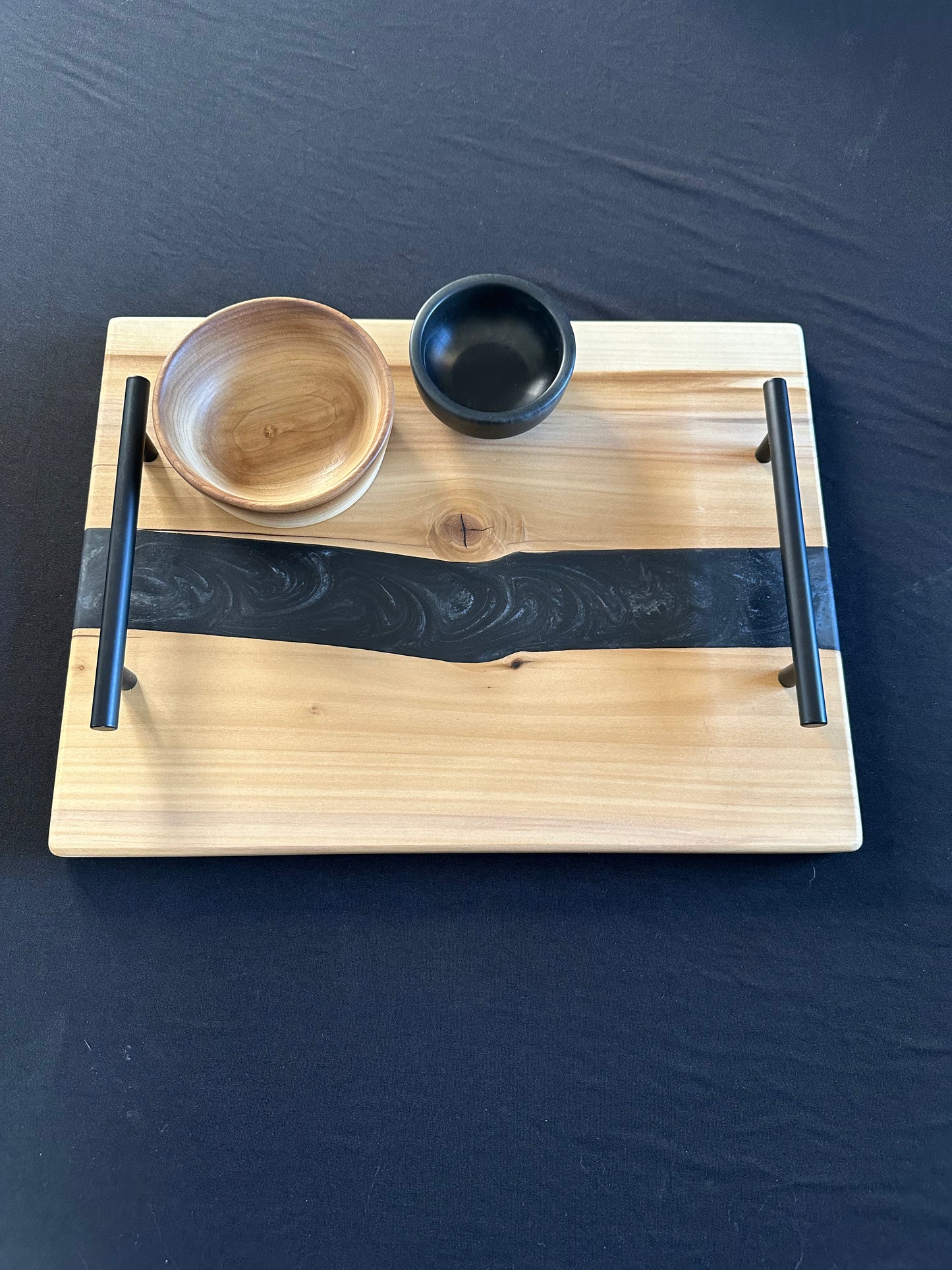 Black with Silver Swirl Epoxy and Rainbow Poplar Serving Set