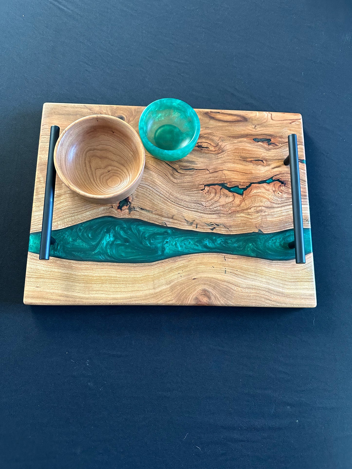 Deep Ocean, Green Epoxy and Cherry Wood Serving Set