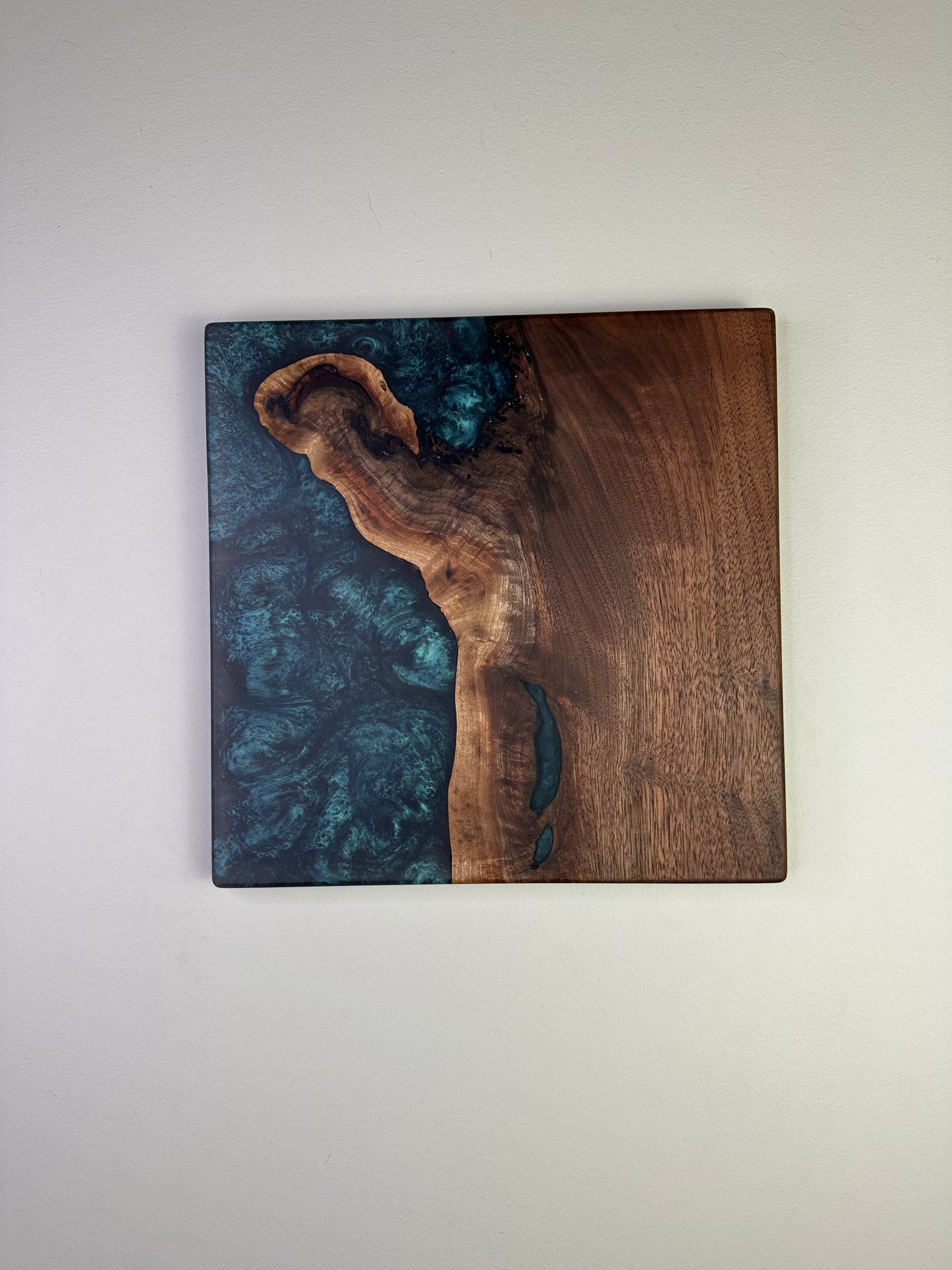 Dark Teal Blue Epoxy and Walnut Burl Wall Art (12x12)