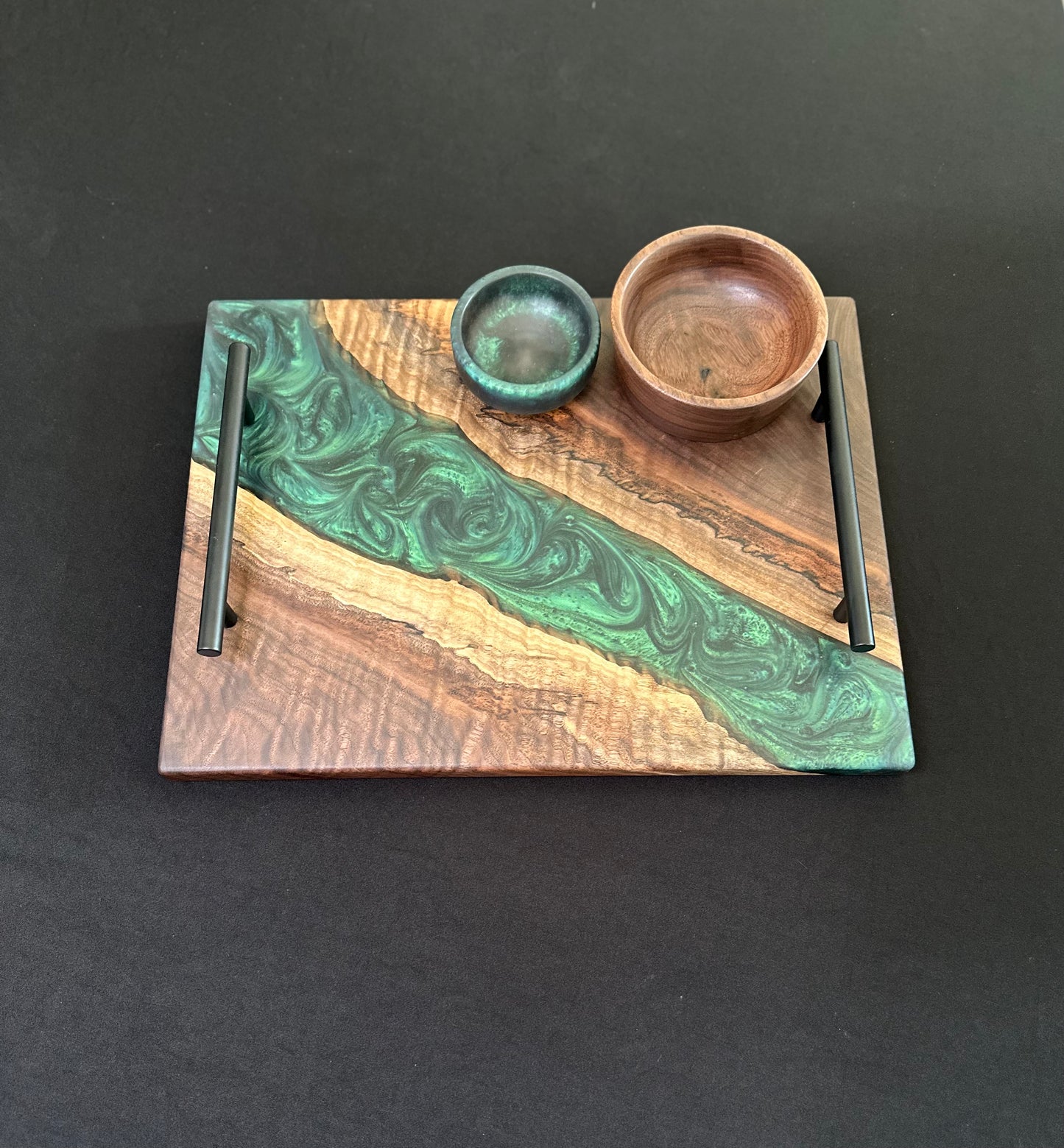 Color Shift Green Blue Epoxy and Walnut Gray Serving Set