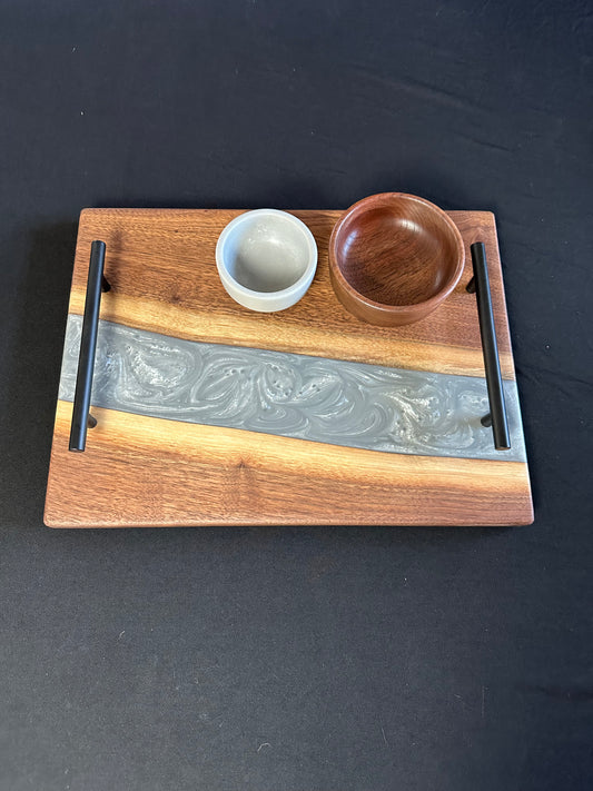 Dove Gray and Pearl White Epoxy and Walnut Serving Set