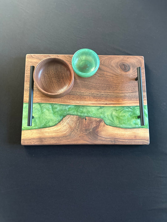 Enchanted Forest, Green Epoxy and Walnut Serving Set