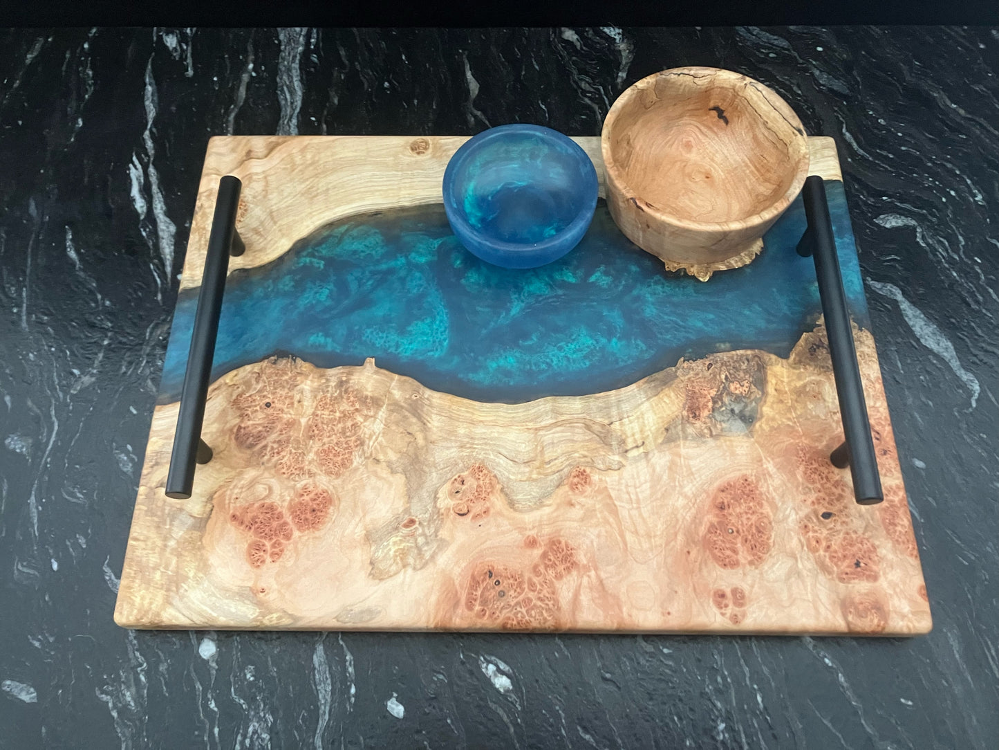 Maple Burl with Blue/Green Epoxy Serving Set