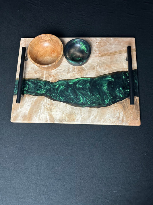 Color Shift Tsunami Blue and Green Epoxy and Maple Serving Set