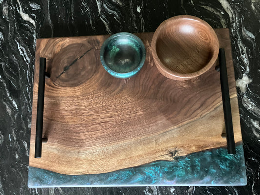 Walnut and Teal Epoxy Serving Set