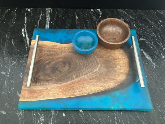 Walnut with Blue/Green Swirl Serving Set