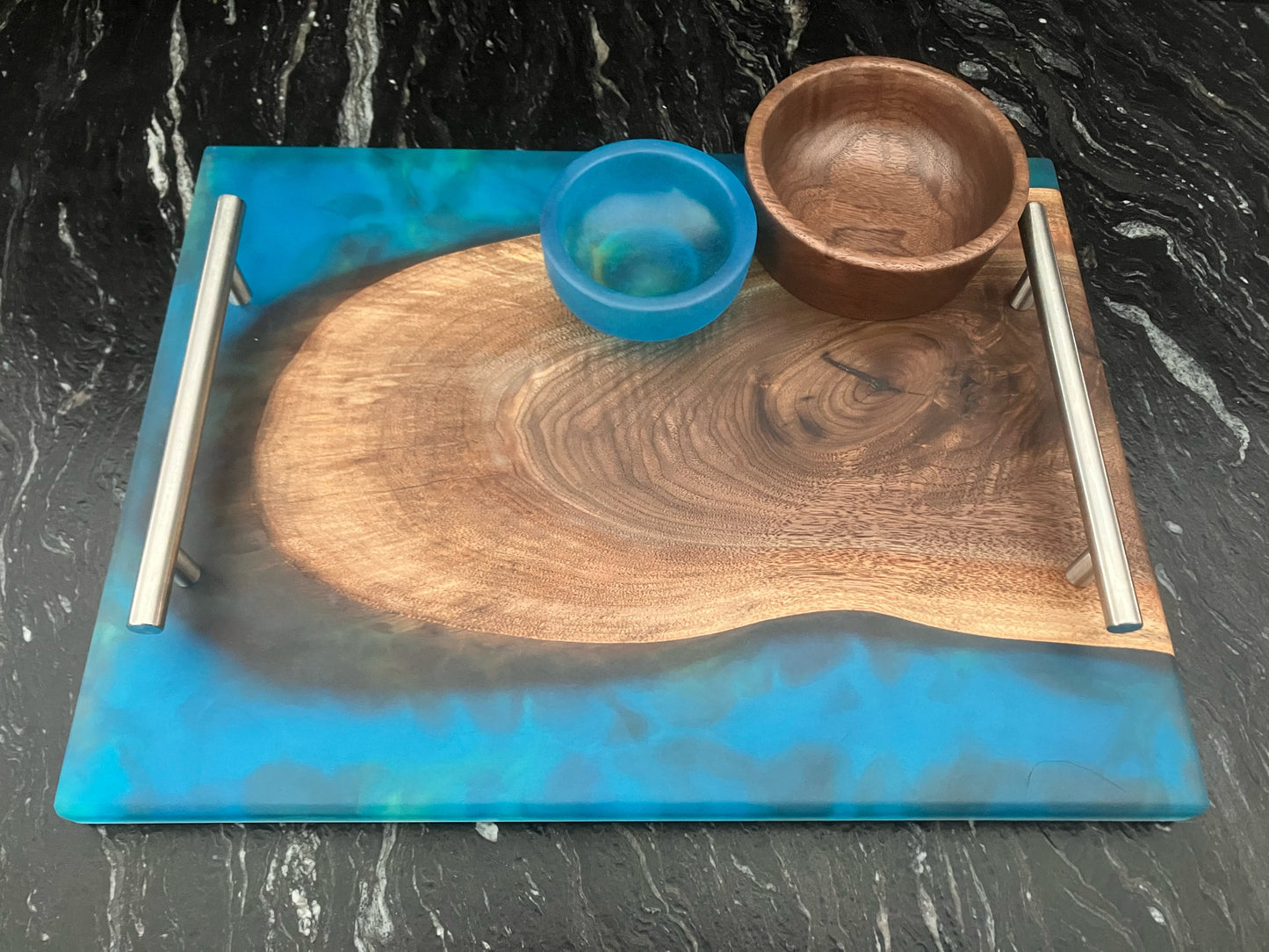 Walnut with Blue/Green Swirl Serving Set