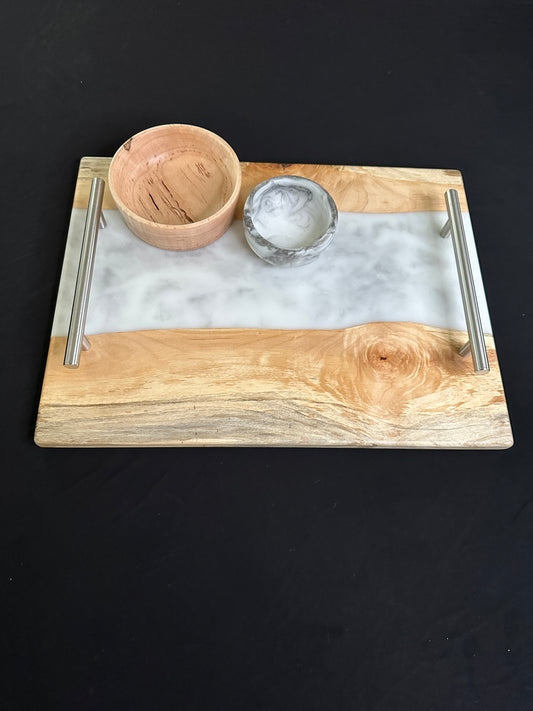Gray and White Marbled Epoxy and Maple Serving Set