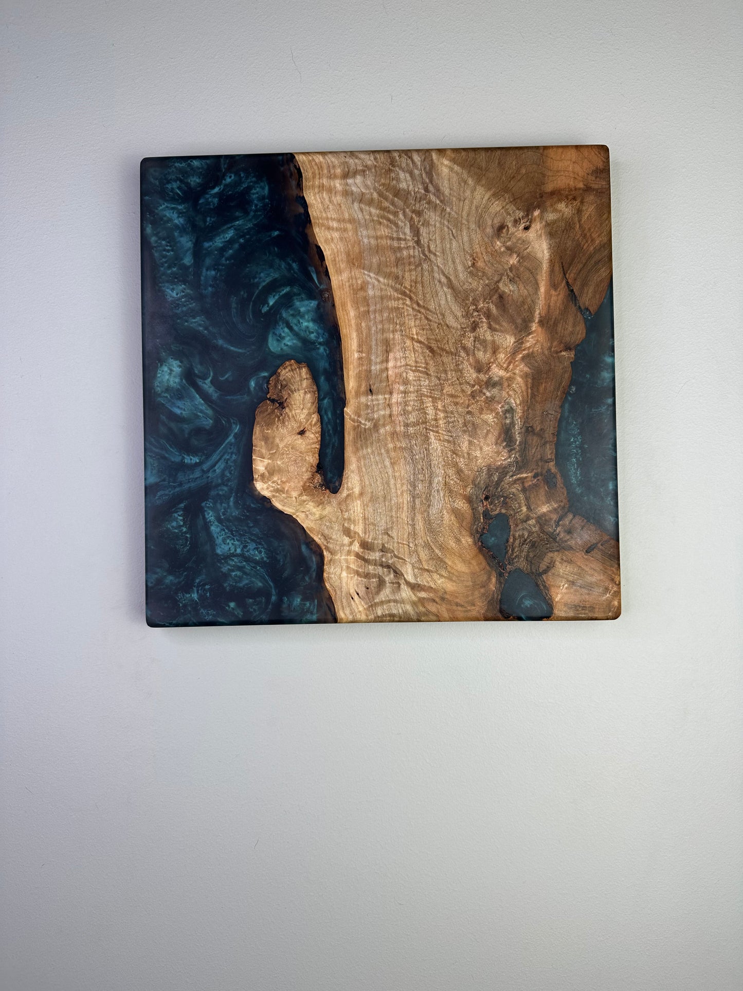 Dark Teal Blue Epoxy and Walnut Burl Wall Art (12x12)